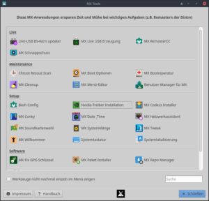 Abbildung 3: MX&nbsp;Linux bringt mehr eigenentwickelte Anwendungen mit als andere Distributionen.