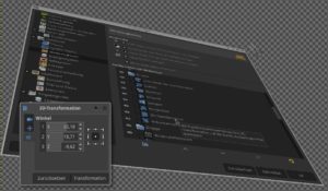 Abbildung 4: Das neue Werkzeug <span class="ui-element">3D-Transformation</span> (Dialog links unten) erlaubt das Drehen und Kippen der aktuellen Ebene.