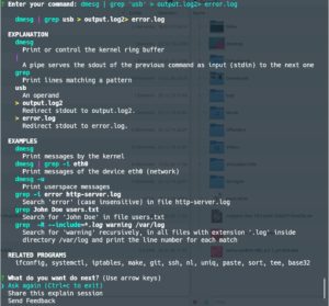 Abbildung 4: Auch komplexe zusammengesetzte Befehle zerlegt und erl&auml;utert Kmdr-CLI. Hier reicht Dmesg seine Ausgabe an Grep durch, das Ergebnis landet in zwei Dateien.