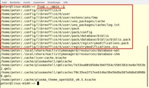 Abbildung 4: Neben einigen Schreibaktivitäten der Desktop-Umgebung filtert <code>find ~ --mmin -1</code> die gesuchten Konfigurationsdateien von LibreOffice heraus, die unmittelbar vor dem Befehlsaufruf verändert wurden.