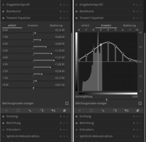 Abbildung 4: Der <span class="ui-element">Tonwert Equalizer</span> verfügt über zwei gleichwertige Darstellungen: <span class="ui-element">Einfach</span> (links) nutzt klassische Schieberegler, <span class="ui-element">Erweitert</span> (rechts) die bei Darktable üblichen grafischen Zonenregler.