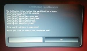 Abbildung 7: Hat eine Aktualisierung wichtige Software-Komponenten erneuert, so kommt es beim n&auml;chsten Neustart zu einer Fehlermeldung. Sie warnt vor einem <span class="ui-element">Boot Hash Mismatch</span> und f&uuml;hrt die nicht verifizierbaren Pakete auf. &Auml;hnlich w&uuml;rde es bei einer Manipulation von au&szlig;en aussehen, wenn beispielsweise Schadsoftware installiert wurde.