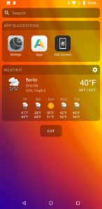 Abbildung 3: Seite&nbsp;2 des Homescreens bietet am Kopf eine Suchleiste sowie eine Leiste mit App-Empfehlungen. Darunter bleibt Platz f&uuml;r Widgets, wobei das Wetter-Widget bereits geladen ist.