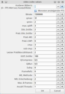 Abbildung 4: Guvcview erlaubt es, die gewählten Audio- und Videocodecs im Detail anzupassen.