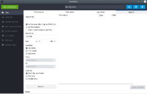Abbildung 5: Der Reiter <span class="ui-element">Files</span> integriert neben einem Dateimanager, einem Texteditor und einem Log-Viewer eine Suchfunktion, die auf dem mächtigen Linux-Befehl Find basiert und vielfältige Optionen zum Eingrenzen des gesuchten Objekts bietet.