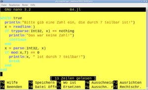 Abbildung 2: Nach der Integration der Datei <code>julia.nanorc</code> zeigt Nano eine entsprechende Datei mit farbiger Syntax an.