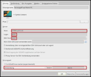 Abbildung 3: F&uuml;r einen X2go-Zugang &uuml;ber DSL gen&uuml;gt auf der Client-Seite in der Regel das Anpassen weniger Parameter, etwa den Hostnamen, den Benutzernamen oder einen nicht standardm&auml;&szlig;igen SSH-Port.
