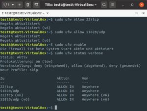 Abbildung 4: Mittels Ufw erlauben Sie den Zugriff per SSH und geben den Port f&uuml;r Wireguard frei. Das Einrichten der Iptables-Firewall ist nicht zwingend n&ouml;tig, sichert das System allerdings zus&auml;tzlich ab.