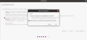 Abbildung 4: Ubuntu&nbsp;20.04&nbsp;LTS erlaubt experimentell die Verwendung von ZFS f&uuml;r das Root-Dateisystem. Die Option versteckt sich hinter <span class="ui-element">Advanced Features</span> im Installer.