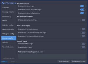 Abbildung 5: Das ArcoLinux-Tweak-Tool erm&ouml;glicht tiefere Eingriffe in die Konfiguration des Systems. So aktivieren Sie hier zum Beispiel zus&auml;tzliche Paketquellen oder Testing-Repositories.