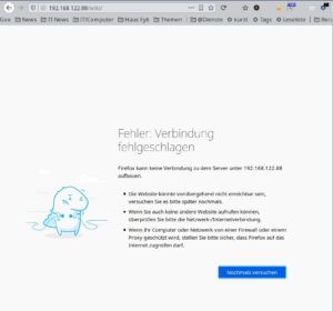 Abbildung 6: Während das MoinMoin-Wiki auf dem Rechner selbst unter <a href="http://localhost/wiki" target="_blank">http://localhost/wiki</a> bereits zu erreichen ist, blockt die Firewall im Auslieferungszustand einen Zugriff von außen ab.
