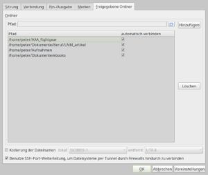 Abbildung 6: In den <span class="ui-element">Sitzungsvoreinstellungen</span> w&auml;hlen Sie die Ordner des Client-Rechners zur Freigabe. Auf dem Server laufende Programme finden diese unter <code>media/disk/</code> im Home-Verzeichnis.