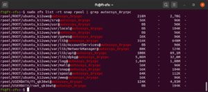 Abbildung 6: Snapshots umfassen alle der von einem Upgrade oder einer Paketinstallation betroffenen Data-Sets und lassen sich bei Bedarf auch einzeln manuell zur&uuml;ckrollen. Der Befehl <code>zfs list</code> erlaubt die Ansicht der angelegten Schnappsch&uuml;sse.