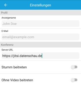 Abbildung 7: Die Jitsi-App benötigt die Adresse des Konferenz-Servers.