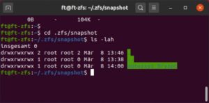 Abbildung 7: ZFS-Snapshots legt Ubuntu unter <code>~/.zfs/snapshot/</code> ab. Hier kontrollieren wir mit Bordmitteln den ersten automatischen Snapshot nach der Aktualisierung des Grundsystems.