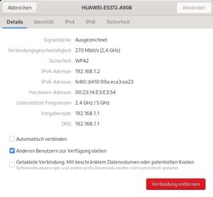 Abbildung 2: Fedoras Konfigurationsdialog f&uuml;r WLAN zeigt unter anderem auch Leistungswerte an.
