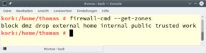 Abbildung 2: Der Befehl <code>firewall-cmd --get-zones</code> listet alle vordefinierten Zonen auf. Bei Debian kommt noch eine Zone f&uuml;r Libvirt hinzu.
