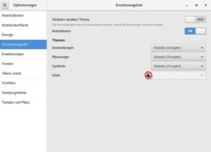 Abbildung 3: Im Auslieferungszustand erlaubt das <span class="ui-element">Optimierungen</span>-Tool noch nicht das Abändern des Themes für die Gnome-Shell. Durch Installation einer simplen Gnome-Erweiterung lässt sich das allerdings schnell ändern.