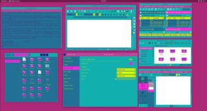 Abbildung 4: Gnome-Programme (links), LibreOffice (Mitte oben), KDE-Programme (rechts) und die gesamte Gnome-Oberfläche (Leiste oben) folgen hier dem in <span class="ui-element">Optimierungen</span> (Mitte unten) gewählten kunterbunten <span class="ui-element">Oomox-baloon</span>-Stil.
