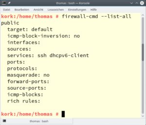 Abbildung 4: Ports &ouml;ffnen Sie f&uuml;r Zonen und legen das oder die Protokolle fest. Mit dem Parameter <code>--timeout</code> bestimmen Sie die zeitliche G&uuml;ltigkeit der Regel. <code>firewall-cmd --list-all</code> zeigt anschlie&szlig;end den Erfolg.