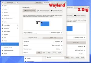 Abbildung 4: Gnome 3.36 unterstützt fraktionelle Skalierung, also das Vergrößern der Bildschirminhalte in nicht ganzzahligen Stufen, nur unter Wayland. Das System erlaubt dabei für jeden Monitor unterschiedliche Einstellungen.