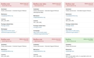 Abbildung 4: In der Kategorie <span class="ui-element">Packages</span> bietet Repology detaillierte Informationen zu Firefox-Versionen pro Distribution. Das reicht von Angaben zu Homepage und Paketbetreuer bis hin zu Links zum Build-Skript.