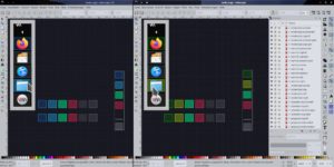 Abbildung 10: Links ist die blaue, rechts eine grün umgefärbte Variante des KDE-Themes Nilium im Inkscape-Fenster zu sehen. Das <span class="ui-element">Objekte</span>-Unterfenster ganz rechts zeigt die Namen der Elemente und hilft, deren Rolle im Theme zu verstehen.