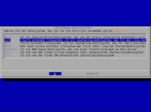 Abbildung 5: Nach dem Erstellen und der Anwahl einer Partition bietet der Installer eine Auswahl an Dateisystemen zur Formatierung an.
