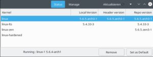Abbildung 5: Der <span class="ui-element">Arch Linux Kernel Manager</span> erlaubt die Wahl zwischen verschiedenen Kernel-Versionen per Mausklick.