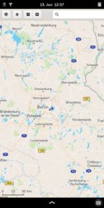 Abbildung 12: F&uuml;r die Navigation bringt Mobian von Haus aus <span class="ui-element">Gnome Maps</span> mit. Der auf OpenStreetMap beruhende Kartendienst erlaubt es, den Standort zu bestimmen und Routen zu planen.