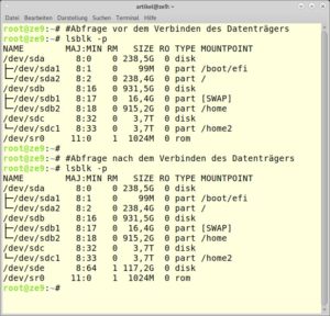 Abbildung 1: Ausgabe von Lsblk vor und nach dem Verbinden eines Datentr&auml;gers.