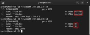 Abbildung 2: Mit dem Profil <span class="ui-element">Trusted</span> meldet Tracepath den Rechner <span class="ui-element">suse1</span> als "normal erreichbar", mit dem Profil <span class="ui-element">Block</span> sendet die Firewall ein "nicht erreichbar" zur&uuml;ck.