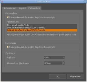 Abbildung 2: In der neuen Version erlaubt es Textmaker, Falzmarken f&uuml;r Briefe zu setzen.