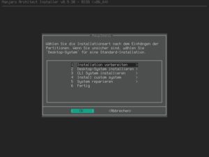 Abbildung 2: Die Installation von Manjaro Architect erfolgt mithilfe eines textbasierten Einrichtungsassistenten, der Schritt für Schritt zum persönlich konfigurierten System führt.