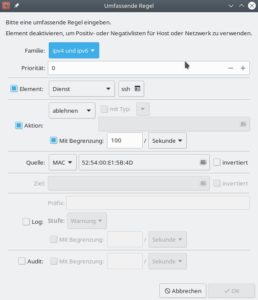 Abbildung 3: Sogenannte umfassende Regeln lassen sich entweder per GUI zusammenklicken oder in einer vom Leistungsumfang her analogen Befehlssprache zusammenstellen. Sie filtern bei Bedarf nach MAC-Adressen und lassen sich f&uuml;r White- oder Blacklisting einsetzen.