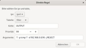 Abbildung 5: So sieht eine direkte Regel in Firewalld aus, die bis auf Pings s&auml;mtlichen das Heimnetz verlassenden IPv4-Netzwerkverkehr ausbremst. Die einfachen Anf&uuml;hrungszeichen f&uuml;gt Firewalld nach dem Speichern hinzu; sie st&ouml;ren die Funktion von Iptables nicht.