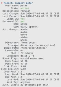 Abbildung 5: Der Befehl <code>homectl inspect</code> f&uuml;hrt die Eigenschaften eines Users auf.