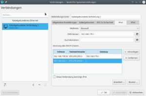 Abbildung 6: Ein IPv4-Router braucht zwei IP-Adressen. Als DNS-Server fungiert hier weiter der Internet-Router, im Beispiel eine Fritzbox. In der ersten Zeile steht die bisher per DHCP zugewiesene Konfiguration, in der zweiten eine IP-Adresse aus einem anderen Subnetz.
