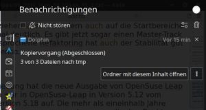 Abbildung 9: Der Modus <span class="ui-element">Nicht stören</span> für Präsentationen oder konzentrierte Arbeitsphasen (oben) sorgt im neu gestalteten Benachrichtigungsmodul des KDE-Plasma-Desktops für Ruhe.