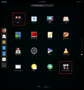 Abbildung 12: Ähnlich wie auf Smartphones lassen sich Anwendungssymbole im Gnome-Vollbildstartmenü nun gruppieren (rot hervorgehoben).