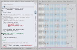 Abbildung 1: Links sehen Sie einen Ausschnitt aus dem C-Quellcode von Gimp, rechts den Beginn des Gimp-Binaries in einem Hex-Editor.