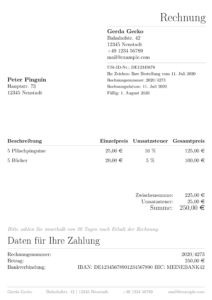 Abbildung 1: LaTeX erstellt zusammen mit dem Paket <span class="ui-element">simpleinvoice</span> aus wenigen Zeilen eine einfache, aber ansprechende Rechnung.