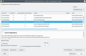 Abbildung 2: Die offiziellen Repositories für Quellpakete sind in OpenSuse-Systemen von Anfang an vorhanden und warten nur noch auf die Aktivierung durch das Setzen eines Kontrollkästchens.
