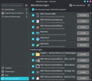 Abbildung 2: Im Paketmanager Discover erkennt man die Fixierung auf Qt-Software aus dem KDE-Projekt. Hier können Sie bei Bedarf auch Flatpak und Snap aktivieren.