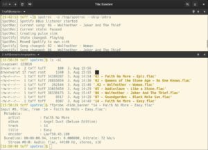 Abbildung 2: SpotRec in Aktion: Im oberen Terminal erkennt das Programm die von Spotify abgespielten Songs. Die Mitschnitte finden Sie dann im FLAC-Format auf der Festplatte.