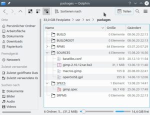 Abbildung 4: Der Befehl <code>zypper si gimp</code> hat den Quellcode von Gimp und die für den Bau eines Gimp-Pakets nötige Spec-Steuerdatei eingespielt.