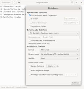 Abbildung 4: Mit dem Klangumwandler aus dem Paket <span class="ui-element">soundconverter</span> konvertieren Sie die von SpotRec geschriebenen FLAC-Dateien in einem Rutsch ins MP3-Format.