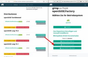 Abbildung 6: Der <span class="ui-element">Expert Download</span> für "Tumbleweed" beim Build-Service-Suchergebnis für Gimp öffnet eine Seite, auf der Sie nach Klick auf <span class="ui-element">Binärpakete direkt herunterladen</span> je nach Bedarf Binaries für 32- und 64-Bit-CPUs sowie ein Quell-RPM herunterladen.