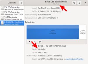 Abbildung 1: Die Ger&auml;te-ID des zu beschreibenden USB-Sticks ermitteln Sie auf der Kommandozeile mit Lsblk oder wie hier mit dem Festplattenmanager des Gnome-Desktops.