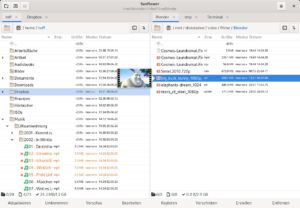 Abbildung 2: Die neueste Version des Dateimanagers Sunflower nutzt nun moderne Komponenten wie Python 3 und GTK3. Geblieben ist der klassische Aufbau mit zwei Panels, Tabs und einer Werkzeugleiste unten.